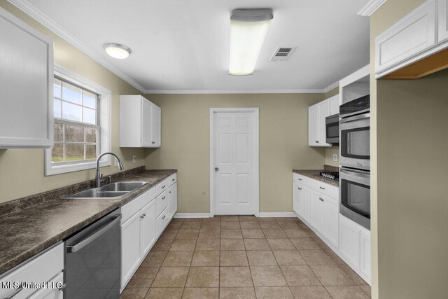 1144 Little Big Mound Rd, Bentonia, MS 39040 - kitchen with ornamental molding, dark countertops, a sink, and stainless steel appliances