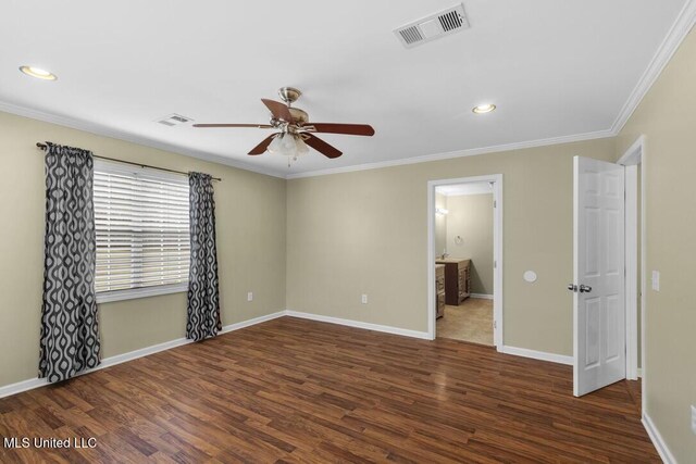 1144 Little Big Mound Rd, Bentonia, MS 39040 - empty room with a ceiling fan, ornamental molding, wood finished floors, and visible vents