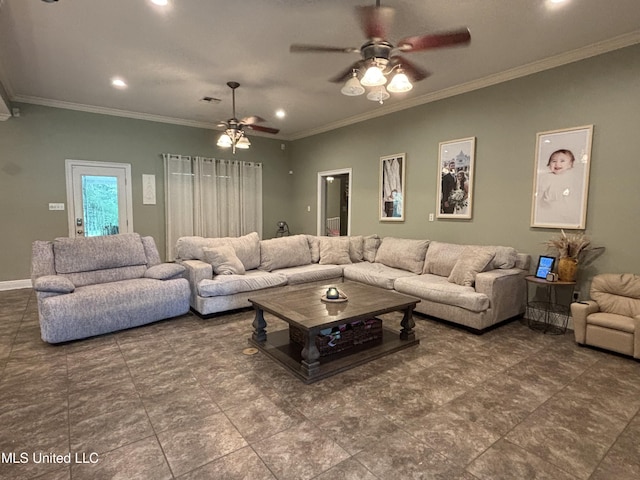 706 Anchor Lake Rd, Carriere, MS 39426 - living room featuring a ceiling fan, ornamental molding, and recessed lighting