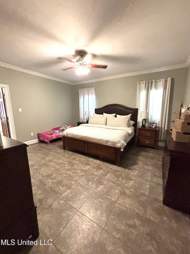 706 Anchor Lake Rd, Carriere, MS 39426 - bedroom with ornamental molding, a textured ceiling, and a ceiling fan