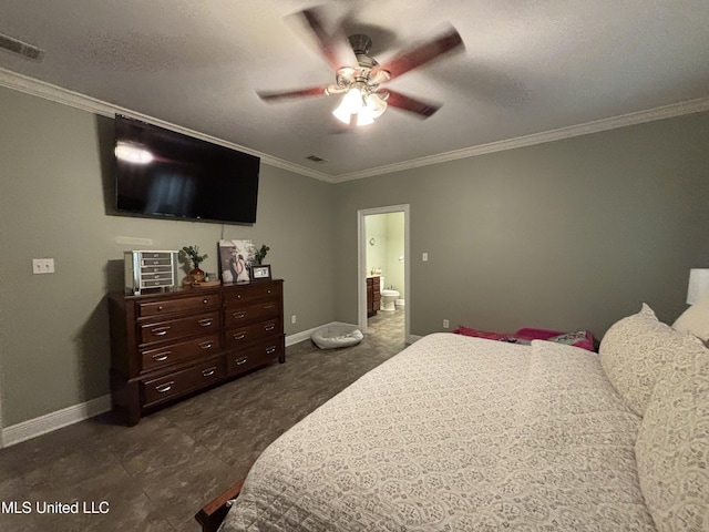 706 Anchor Lake Rd, Carriere, MS 39426 - bedroom featuring ornamental molding, connected bathroom, and a ceiling fan