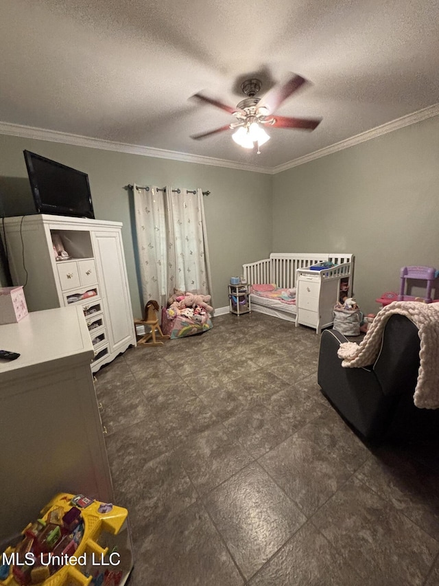 706 Anchor Lake Rd, Carriere, MS 39426 - bedroom with crown molding, a textured ceiling, and ceiling fan