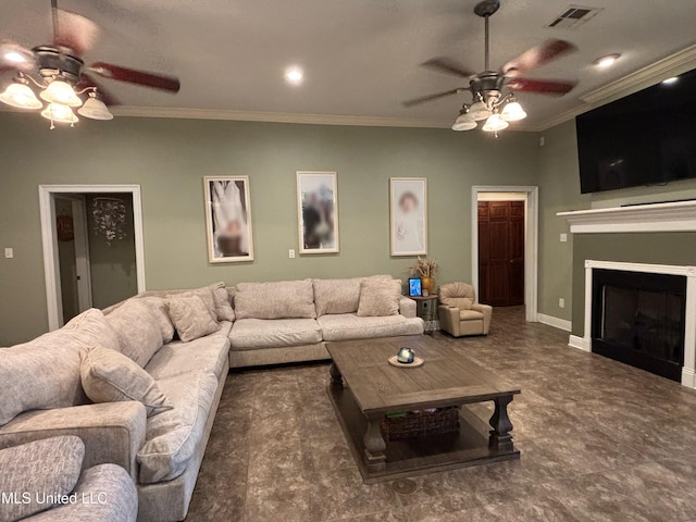 706 Anchor Lake Rd, Carriere, MS 39426 - living room with a ceiling fan, ornamental molding, and a fireplace