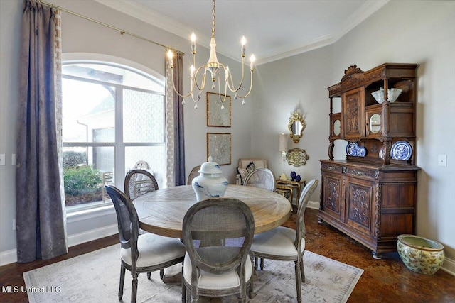 dining area featuring dark wood-style flooring, crown molding, baseboards, and an inviting chandelier