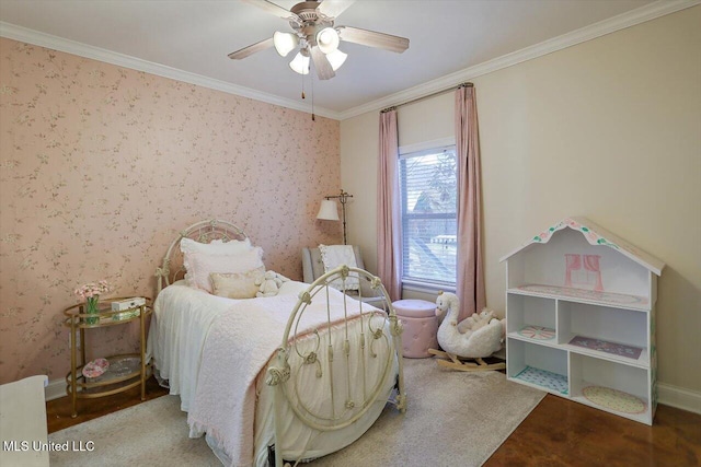 bedroom featuring wallpapered walls, ceiling fan, baseboards, and crown molding