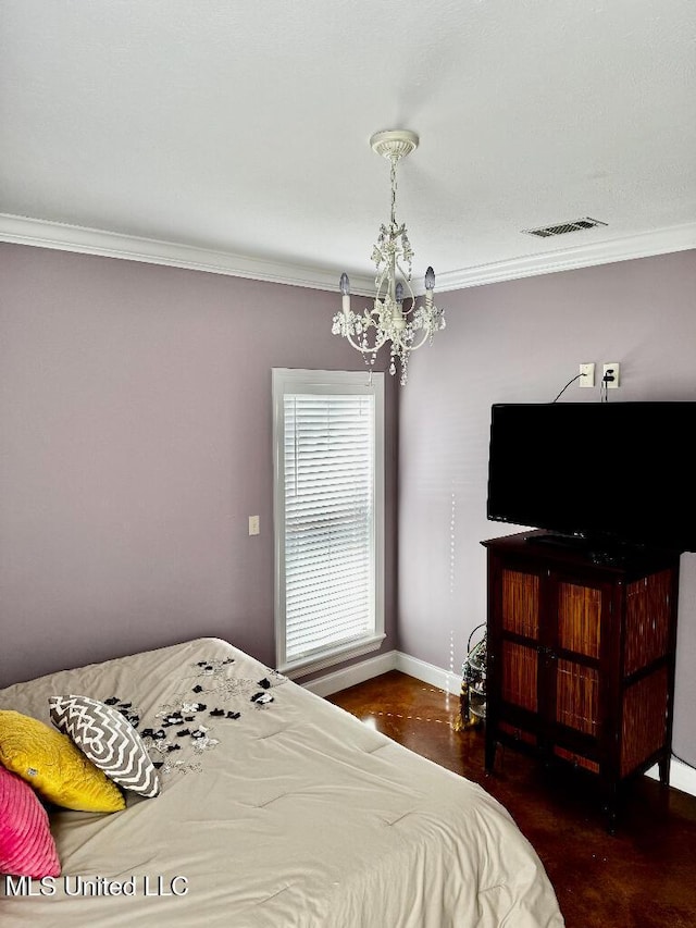 bedroom featuring a notable chandelier and crown molding