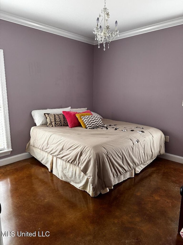 bedroom with a notable chandelier and ornamental molding