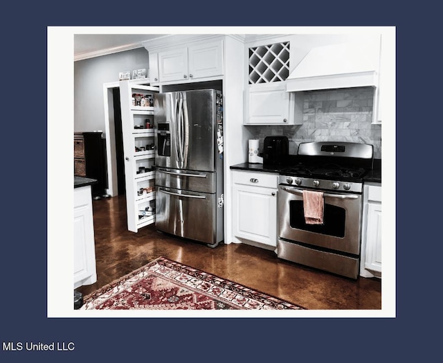 kitchen featuring white cabinetry, backsplash, custom exhaust hood, ornamental molding, and stainless steel appliances