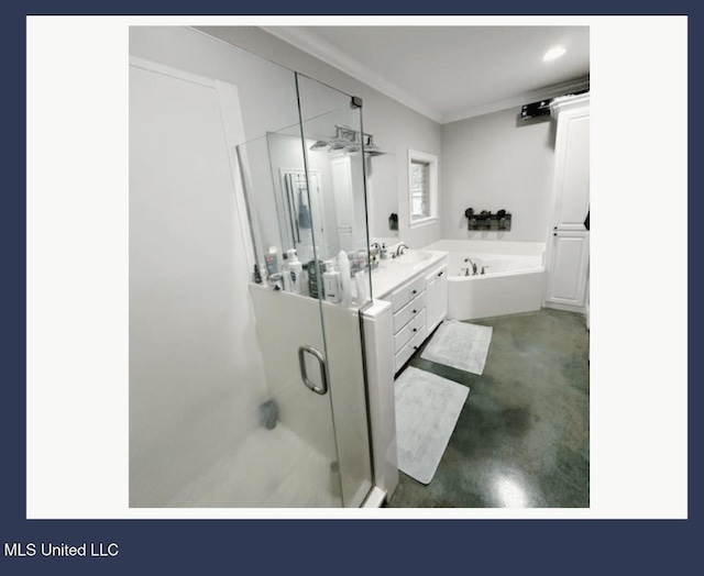 bathroom featuring crown molding, vanity, shower with separate bathtub, and concrete flooring