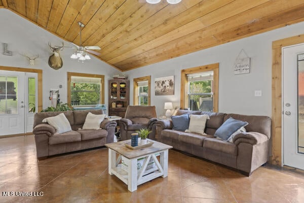 284 Osborn Moody Rd, Poplarville, MS 39470 - tiled living room with wooden ceiling, lofted ceiling, plenty of natural light, and a ceiling fan