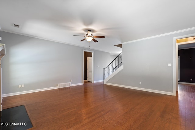 unfurnished living room with ornamental molding, ceiling fan, and dark hardwood / wood-style floors