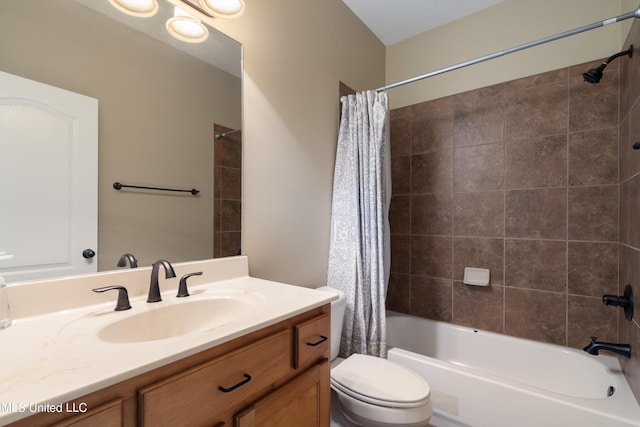 full bathroom with toilet, vanity, and shower / bathtub combination with curtain