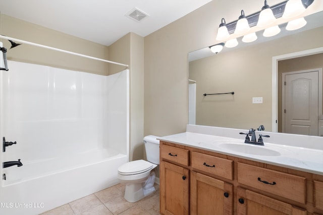 full bathroom featuring toilet, washtub / shower combination, vanity, and tile patterned floors