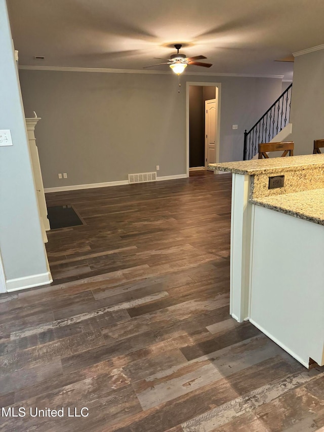 interior space with ornamental molding, ceiling fan, light stone countertops, and dark hardwood / wood-style floors