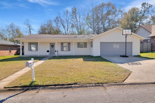 ranch-style home featuring a front yard, covered porch, and a garage