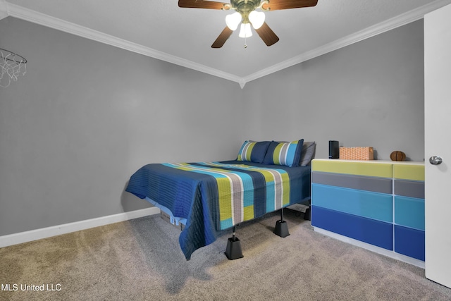 bedroom featuring ceiling fan, carpet, and ornamental molding