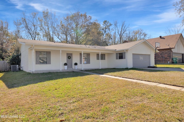 single story home with a front lawn, a garage, central AC, and covered porch