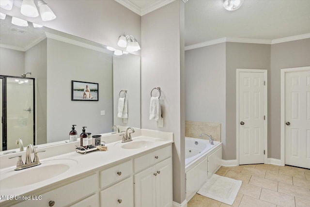 115 Victoria Pl, Brandon, MS 39042 - full bathroom featuring a jetted tub, double vanity, a shower stall, tile patterned flooring, and ornamental molding