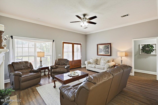 115 Victoria Pl, Brandon, MS 39042 - living room featuring a ceiling fan, wood finished floors, crown molding, baseboards, and a fireplace