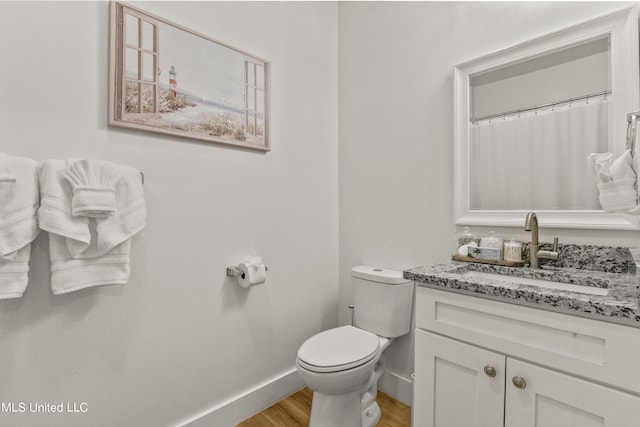 bathroom featuring toilet, vanity, and wood-type flooring