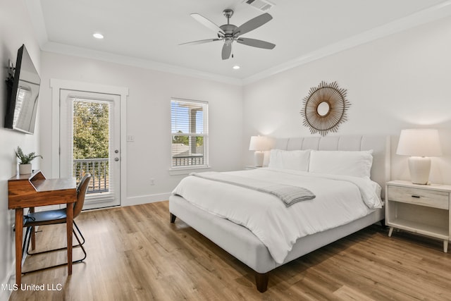 bedroom with ornamental molding, light hardwood / wood-style flooring, access to outside, and ceiling fan