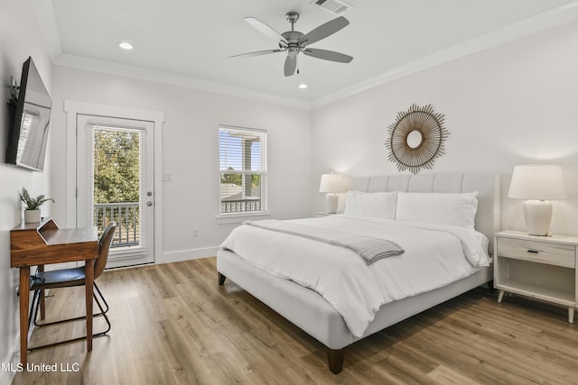 56 Oak Alley Ln, Long Beach, MS 39560 - bedroom with access to outside, wood finished floors, crown molding, baseboards, and recessed lighting