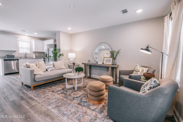 living room featuring wood-type flooring and sink