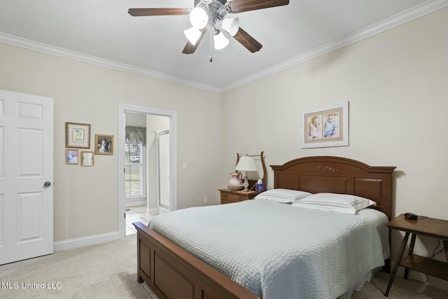 bedroom with ornamental molding, light colored carpet, and ceiling fan