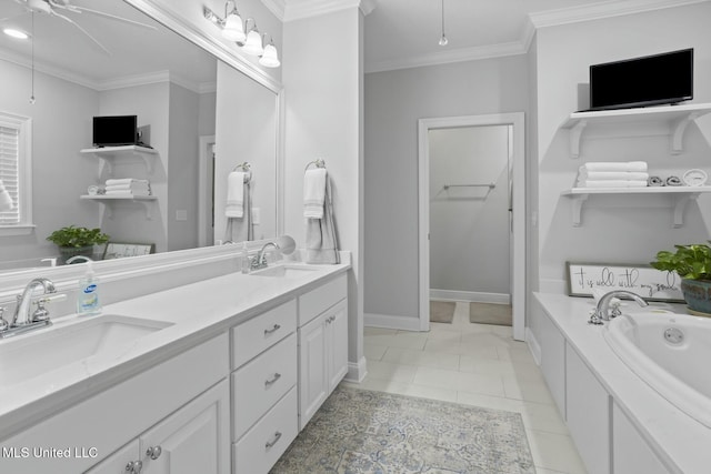 bathroom featuring tile patterned floors, ornamental molding, a bath, and vanity