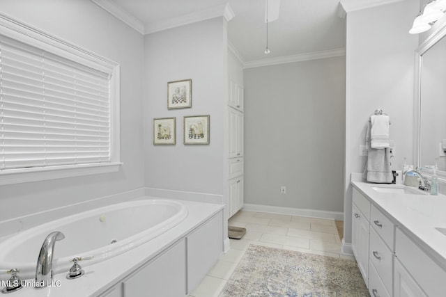 bathroom with vanity, ornamental molding, tile patterned floors, and a tub to relax in