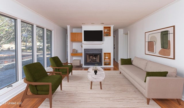 living area featuring crown molding, a fireplace, and wood finished floors