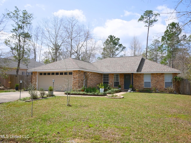 ranch-style house with concrete driveway, fence, a garage, and a front lawn