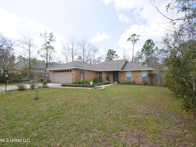 single story home featuring fence, driveway, an attached garage, a front lawn, and brick siding