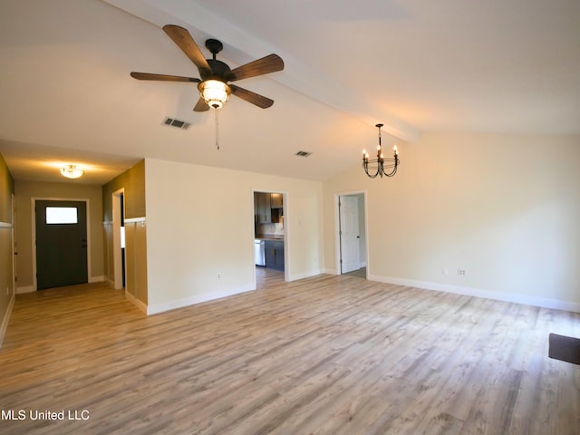 unfurnished living room featuring vaulted ceiling with beams, wood finished floors, visible vents, and baseboards