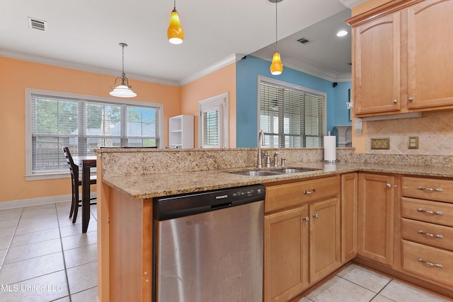 63722 N Diamondhead Dr, Diamondhead, MS 39525 - kitchen featuring stainless steel dishwasher, a sink, a peninsula, light tile patterned flooring, and decorative backsplash