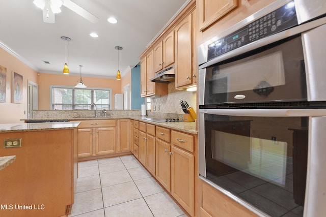 63722 N Diamondhead Dr, Diamondhead, MS 39525 - kitchen with stainless steel double oven, a sink, a peninsula, ornamental molding, and light stone counters