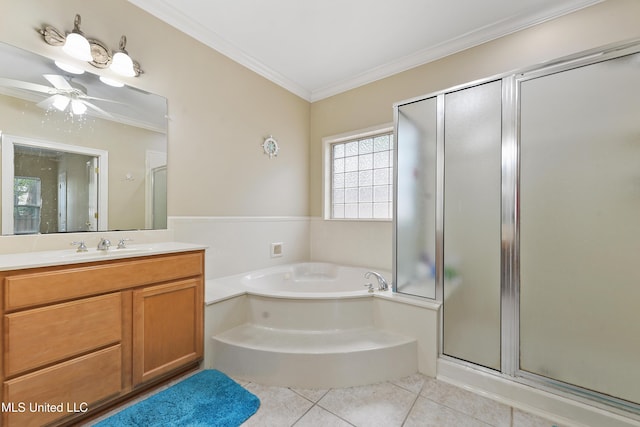 63722 N Diamondhead Dr, Diamondhead, MS 39525 - full bathroom with tile patterned flooring, vanity, a garden tub, ornamental molding, and a shower stall