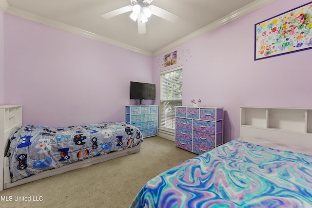 63722 N Diamondhead Dr, Diamondhead, MS 39525 - carpeted bedroom with crown molding and a ceiling fan