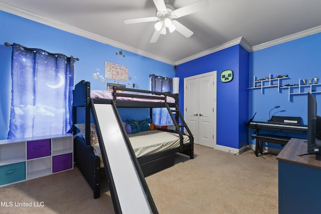 63722 N Diamondhead Dr, Diamondhead, MS 39525 - bedroom featuring carpet, crown molding, a ceiling fan, and baseboards