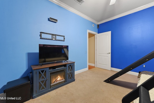 63722 N Diamondhead Dr, Diamondhead, MS 39525 - carpeted bedroom featuring crown molding, baseboards, and a ceiling fan