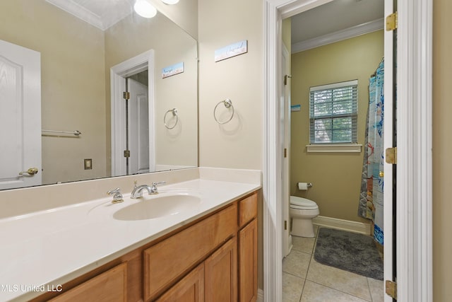63722 N Diamondhead Dr, Diamondhead, MS 39525 - bathroom featuring ornamental molding, vanity, toilet, tile patterned floors, and baseboards