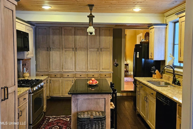 kitchen featuring wooden ceiling, a sink, light stone countertops, black appliances, and dark wood finished floors