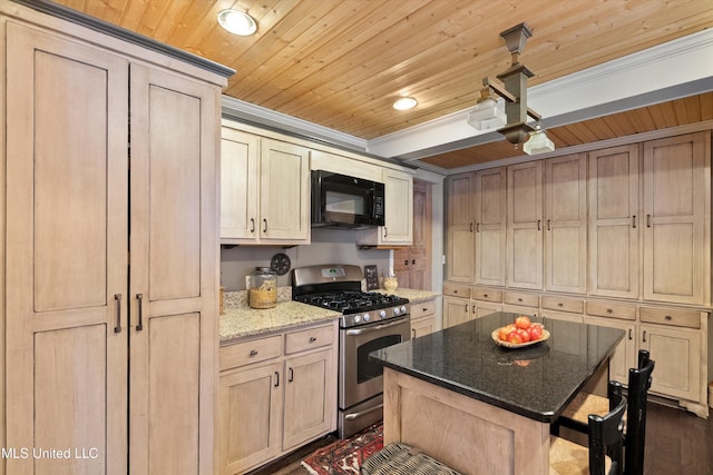 kitchen with stainless steel gas range, wood ceiling, black microwave, and light brown cabinetry