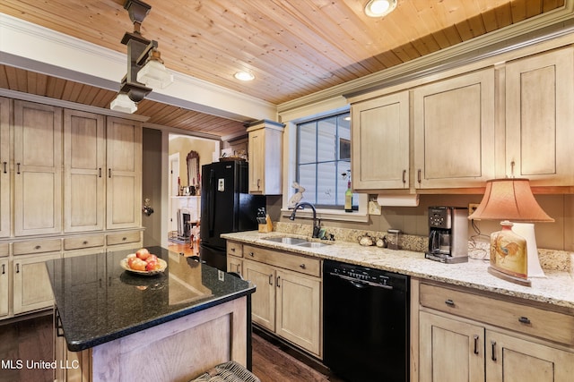 kitchen with black appliances, wood ceiling, light brown cabinets, and a sink