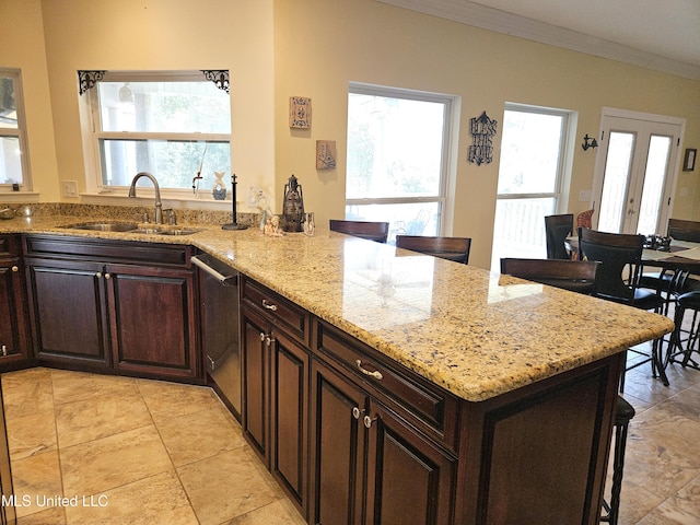 kitchen featuring ornamental molding, sink, dishwasher, and a healthy amount of sunlight