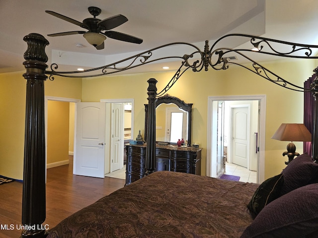 bedroom featuring wood-type flooring and ceiling fan