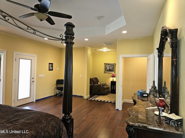 bedroom featuring dark hardwood / wood-style floors and ceiling fan