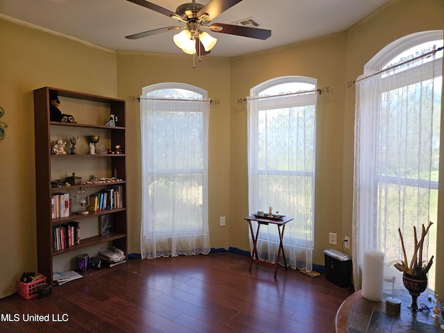 misc room with ceiling fan and dark hardwood / wood-style flooring