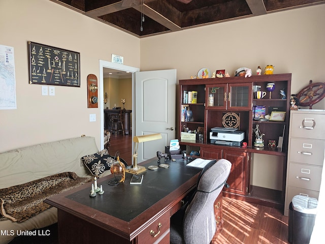 office featuring beam ceiling and coffered ceiling