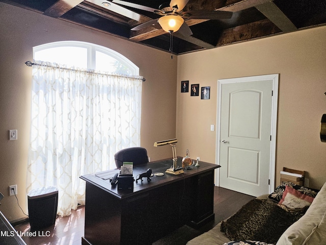 office with dark hardwood / wood-style floors, beamed ceiling, and ceiling fan